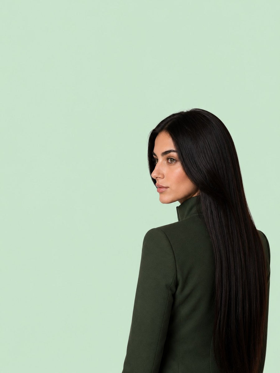 Cabello largo y denso, de perfil