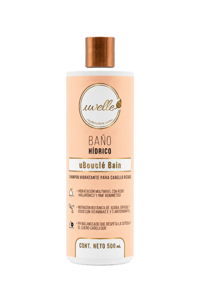 uBouclé Bain, shampoo hidratante para cabello rizado de 500 mL, en frasco con tapa cobre