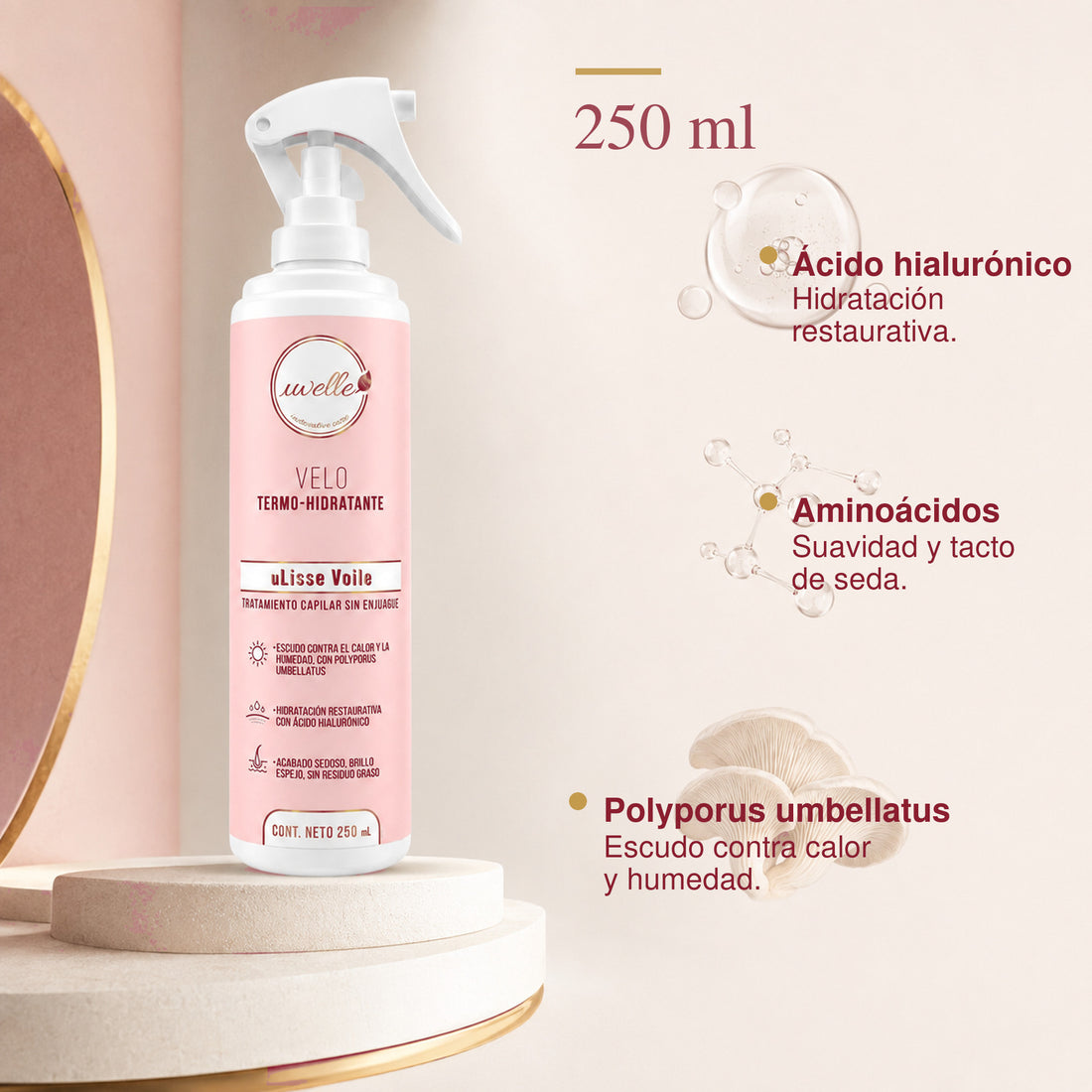 uLisse Voile 250 mL y sus activos: ácido hialurónico, aminoácidos y Polyporus umbellatus