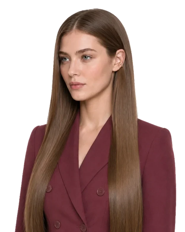 Cabello lacio con movimiento y brillo, de perfil