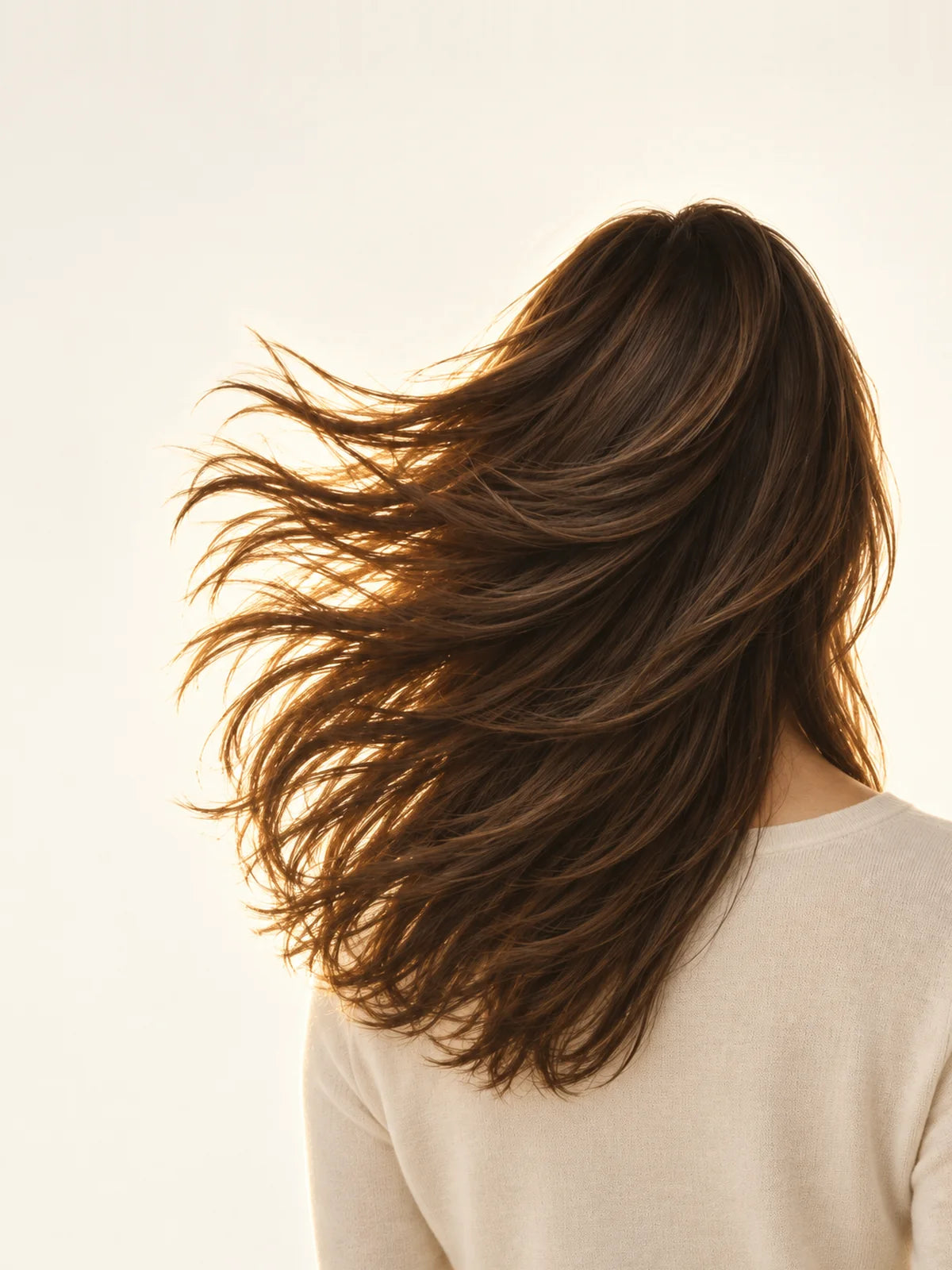 Cabello sano en movimiento, a contraluz